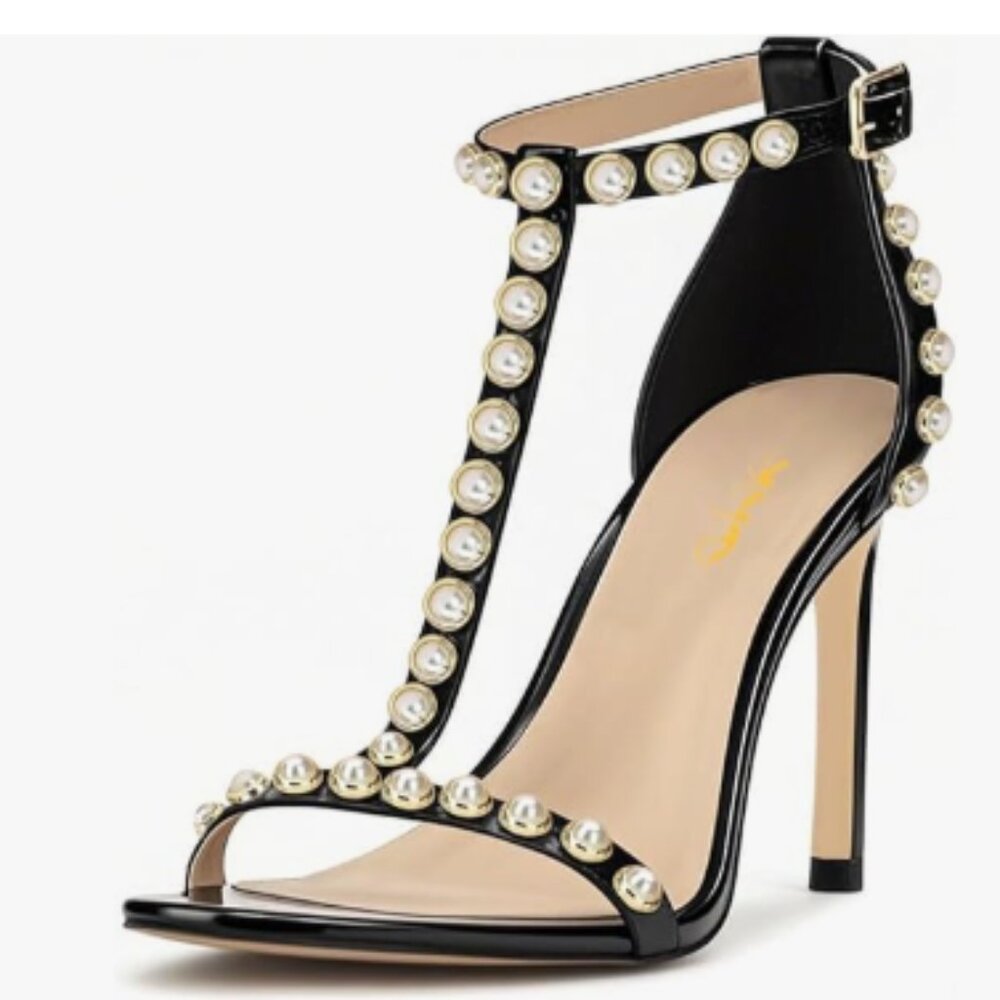 XYD Black Pearls Beaded T-Strap High Heel Stiletto Open Toe Ankle Buckle Sandals